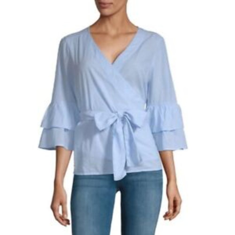 BeachLunchLounge Cotton Chambray‎ Wrap Around 3/4 Ruffle Sleeve Top Sz XS - EUC